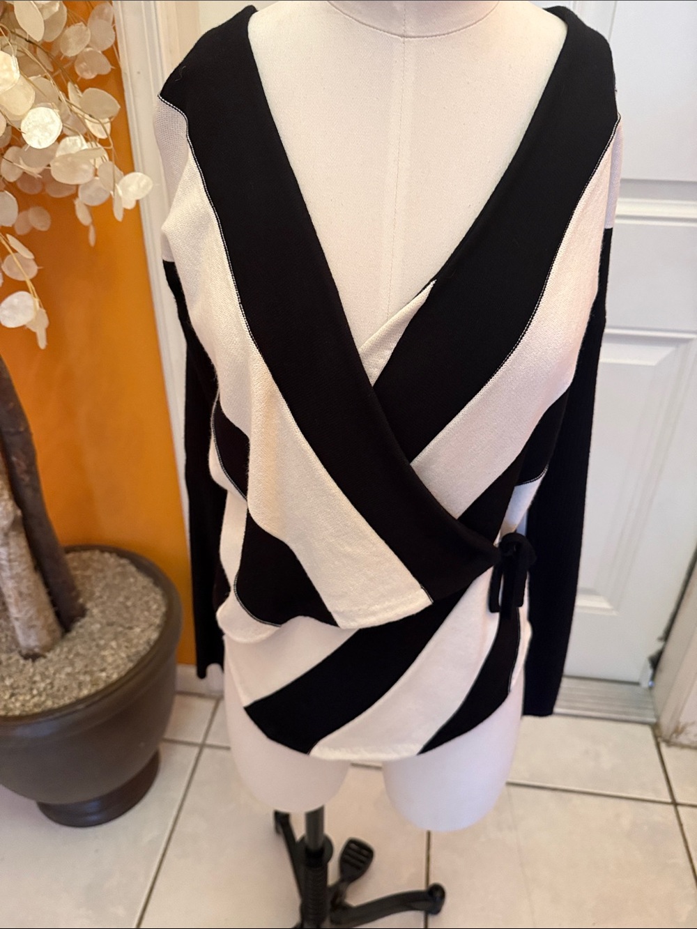 Kenneth Cole New York Black and White Striped Wrap Sweater